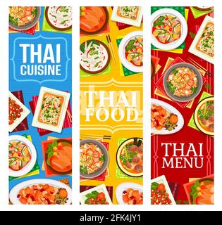 Affiches de plats thaïlandais. Pâtes de crevettes thaï, porc doux et aigre, riz frit et basilic, palet de poulet kparow gai, soupe de boulettes de viande et de la râpe Illustration de Vecteur