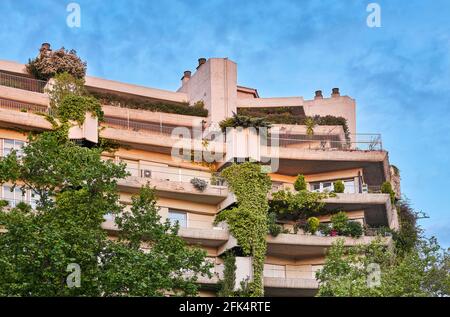 Le bâtiment Oasis, de Fernando Higueras, est un bâtiment résidentiel en béton avec d'immenses vignes suspendues aux balcons. Madrid, Espagne. Banque D'Images