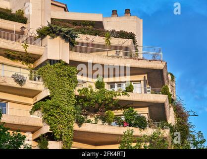 Le bâtiment Oasis, de Fernando Higueras, est un bâtiment résidentiel en béton avec d'immenses vignes suspendues aux balcons. Madrid, Espagne. Banque D'Images