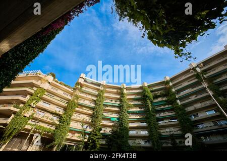 Le bâtiment Oasis, de Fernando Higueras, est un bâtiment résidentiel en béton avec d'immenses vignes suspendues aux balcons. Madrid, Espagne. Banque D'Images