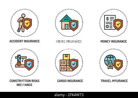 Jeu d'icônes de ligne de couleur d'assurance. Pictogrammes pour la page Web, l'application mobile, la promotion. Contour modifiable. Illustration de Vecteur