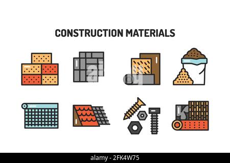 Jeu d'icônes de lignes de couleurs de matériaux de construction. Pictogrammes pour la page Web, l'application mobile, la promotion. Contour modifiable. Illustration de Vecteur