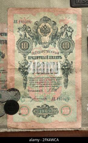 Cracovie, Malopolska/Pologne - 06.12.2015: Billet de banque russe de dix roubles à partir de 1910. Banque D'Images