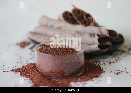 Grains de millet, une nourriture de base dans de nombreux pays d'Afrique et d'Asie du Sud. Il est de plus en plus populaire dans le monde entier en tant que super nourriture. Banque D'Images