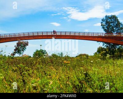 Cyclistes et coureurs passant le pont en bois à l'embouchure de la rivière Guadalhorce à Malaga, le matin ensoleillé du printemps. Banque D'Images