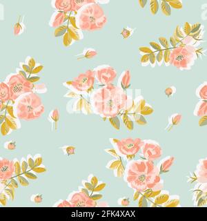 Motif vectoriel sans couture avec de magnifiques fleurs de rose sauvages fruits Illustration de Vecteur