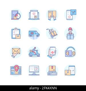 Services de livraison - jeu d'icônes de style de conception de ligne. Idée de logistique, de transport et d'achat en ligne. Applications mobiles de commande de nourriture et de fleurs, techniques Illustration de Vecteur