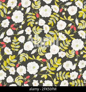 Motif vectoriel sans couture avec de magnifiques fleurs de rose sauvages fruits Illustration de Vecteur