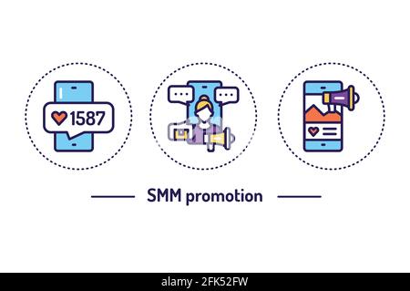 Concept d'icônes de couleur de ligne de promotion SMM. Elément vectoriel isolé Illustration de Vecteur