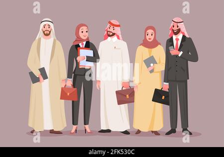 Équipe de travailleurs de bureau saoudiens, compagnie arabe avec homme de bande dessinée femme personnages employés Illustration de Vecteur