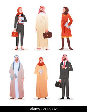 Employés de bureau hommes d'affaires arabes, homme de dessin animé femme saoudiens personnages isolés ensemble Illustration de Vecteur