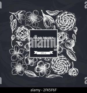 Motif floral carré avec hibiscus à la craie, fleurs de prune, fleurs de pêche, fleurs de sakura, fleurs de magnolia, camellia japonica Illustration de Vecteur