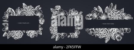 Cadres floraux avec hibiscus à la craie, fleurs de prune, fleurs de pêche, fleurs de sakura, fleurs de magnolia, camellia japonica Illustration de Vecteur