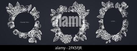 Cadres floraux avec hibiscus à la craie, fleurs de prune, fleurs de pêche, fleurs de sakura, fleurs de magnolia, camellia japonica Illustration de Vecteur