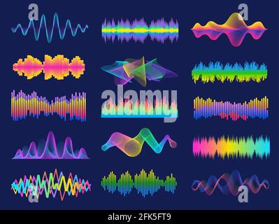 Fréquence audio. Ondes sonores au néon pour l'égaliseur radio. Reconnaissance vocale pour assistant numérique. La ligne de graphique de volume crée un ensemble de vecteurs Illustration de Vecteur