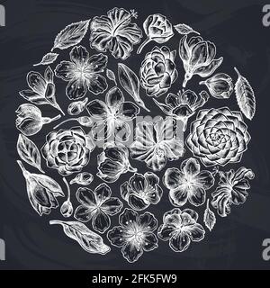 Motif floral rond avec hibiscus à la craie, fleurs de prune, fleurs de pêche, fleurs de sakura, fleurs de magnolia, camellia japonica Illustration de Vecteur