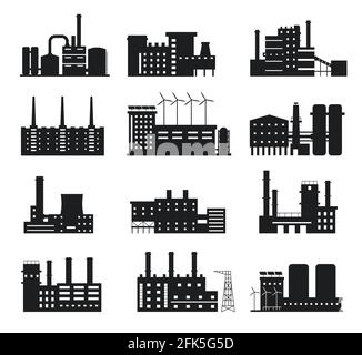 Silhouette d'usine. Icônes de bâtiments industriels. Fabrique l'usine et la centrale électrique avec cheminées, moulins à vent et panneaux solaires logo ensemble vectoriel Illustration de Vecteur