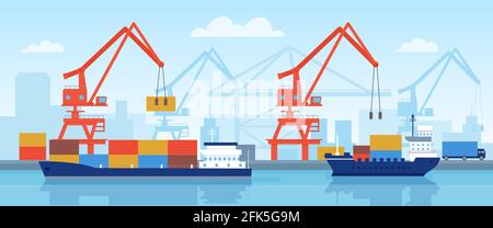 Navire de cargaison dans le port. Livraison transport maritime avec conteneurs chargement dans le port avec grue. Concept logistique plate ou importation par vecteur de mer Illustration de Vecteur