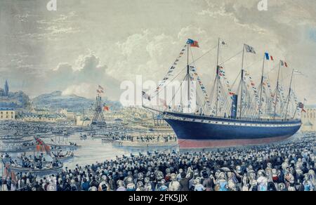 Un tableau de Joseph Walter de la SS Grande-Bretagne est lancé à partir de Great Western Dockyard dans le port flottant de Bristol le 19 juillet 1843. Le plus long navire à passagers au monde de 1845 à 1854, elle a été conçue par Isambard Kingdom Brunel, pour le service transatlantique de la Great Western Steamship Company entre Bristol et New York. Elle a été la première vapeur de fer à traverser l'océan Atlantique, ce qu'elle a fait en 1845, en 14 jours. Banque D'Images