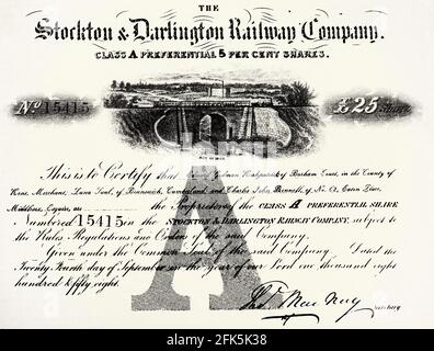 Un certificat d'action du Stockton and Darlington Railway (S&DR) opérant dans le nord-est de l'Angleterre de 1825 à 1863. Premier chemin de fer public au monde à utiliser des locomotives à vapeur, sa première ligne relie les galeries de Collieries près de Shildon à Darlington et Stockton-on-Tees, dans le comté de Durham, et a été officiellement ouverte le 27 septembre 1825. Le transport du charbon vers les navires est rapidement devenu une entreprise lucrative, et la ligne a rapidement été étendue à un nouveau port de Middlesbrough. Banque D'Images