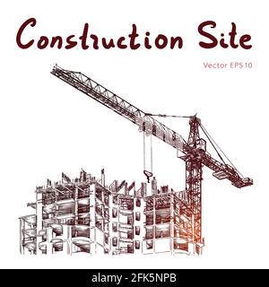 Illustration de la construction du bâtiment. Chantier et grues de tour Illustration de Vecteur
