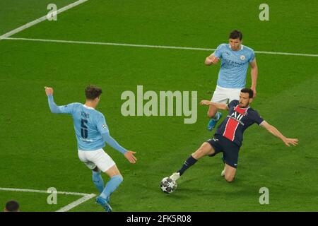 Paris, France. 28 avril 2021. Paris SG Midfield ALESSANDRO FLORENZI en action lors de la demi-finale de la Ligue des champions de l'UEFA entre Paris Saint Germain et Manchester City au Parc des Princes Stadium - Paris France crédit: Pierre Stevenin/ZUMA Wire/Alay Live News Banque D'Images