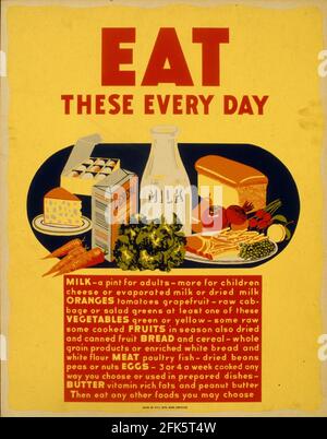 Une affiche d'information publique vintage faisant la promotion d'une alimentation saine avec le Slogan est ces tous les jours Banque D'Images