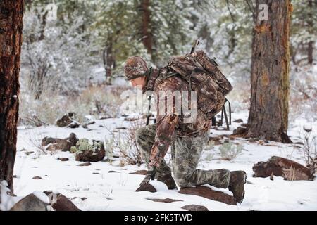 chasseur d'armes dans la scène neigeuse s'agenouillant pour inspecter les pistes de cerfs Banque D'Images