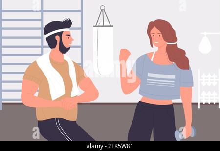 Sport gym fitness couple, active jeune femme sportive homme dans les vêtements de sport debout, parlant Illustration de Vecteur