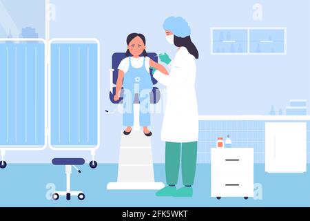 Vaccination à l'hôpital, vaccin contre la grippe, médecin faisant l'injection du vaccin au bras de la jeune fille Illustration de Vecteur