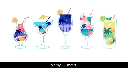 Concept amusant en été avec cocktails. Fond créatif de paysage, panorama de la mer et de la plage sur des verres à cocktail. Solde d'été, poste Illustration de Vecteur