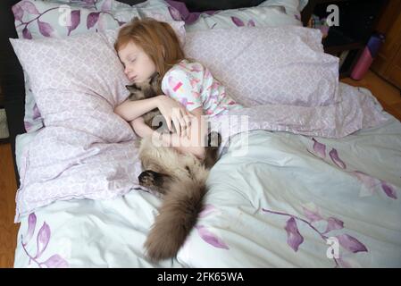 Petite fille malade dormant au lit avec chat Banque D'Images