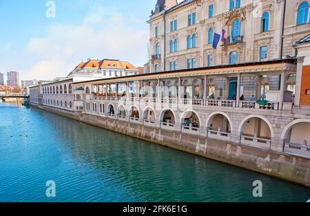 Rive Adamic-Lundrovo de la rivière Ljubljana avec vue sur les arcades du marché aux poissons et l'édifice pittoresque de la Mairie en arrière-plan, L Banque D'Images