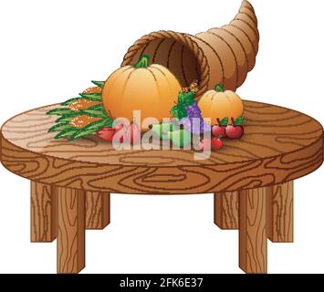 Illustration vectorielle de la corne de l'abondance avec des légumes et des fruits sur une table ronde en bois Illustration de Vecteur