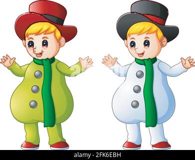 Deux enfants de couleur portant des costumes de bonhomme de neige de noël Illustration de Vecteur