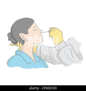 Un médecin en gros plan avec un équipement de protection individuelle effectuant un test Covid-19 ou coronavirus à une jeune femme avec une sonde à écouvillon nasal vecteur d'illustration dessiné à la main. Illustration de Vecteur