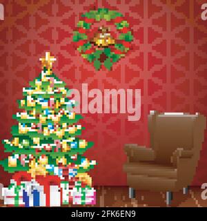 Illustration vectorielle de la salle de séjour de Noël avec arbre de noël décoré, cadeaux et fauteuil Illustration de Vecteur