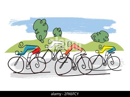 Course cycliste, dessin animé stylisé. Dessin stylisé de cyclistes dans un paysage vallonné. Vecteur disponible. Illustration de Vecteur