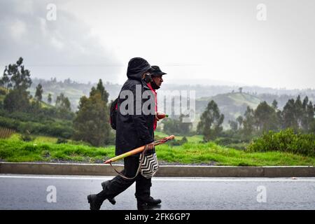 Ipiales, Narino, Colombie. 28 avril 2021. La garde indigène protège le cours de la manifestation et de ses démostrateurs à Ipiales le 28 avril 2021 crédit: Juan Camilo Erazo Caicedo/LongVisual/ZUMA Wire/Alamy Live News Banque D'Images