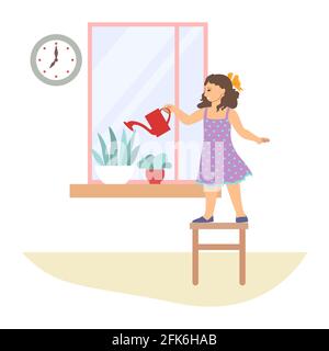 Adorable fille arrosoir plantes de maison, aidant les parents avec la maison de nettoyage, illustration vectorielle plate. Tâches ménagères pour enfants. Illustration de Vecteur