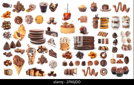 Différents desserts délicieux sur fond blanc Banque D'Images