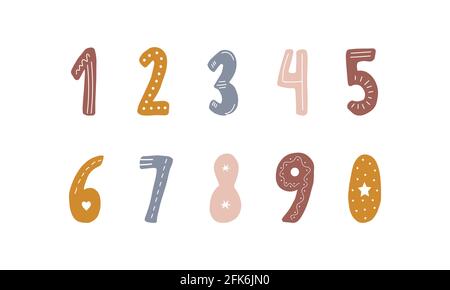 Nombres dessinés à la main dans le style boho. Symboles mignons pour bannières, motif de pépinière, cartes postales. Clipart isolé sur fond blanc. Illustration vectorielle dans Illustration de Vecteur