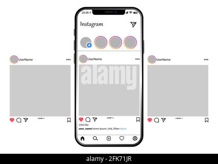 Vinnytsia, Ukraine - 28 avril 2021: Modèle de post Instagram sur iphone. Publication de l'interface du carrousel sur le réseau social. Illustration vectorielle Illustration de Vecteur