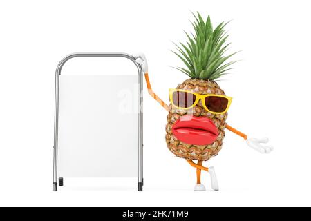 Fun Cartoon mode Hipster Cut Pineapple personne personnage Mascot avec blanc blanc publicité promotion Stand sur un fond blanc. Rendu 3d Banque D'Images