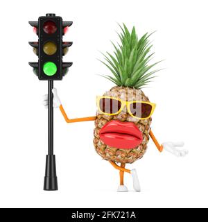 Fun Cartoon mode Hipster Cut Pineapple personne personnage Mascot avec feu vert de circulation sur un fond blanc. Rendu 3d Banque D'Images