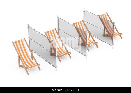 Concept de distance sociale sur la plage. Chaises de détente sur la plage avec revêtements en verre sur fond blanc. Rendu 3d Banque D'Images