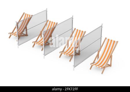 Concept de distance sociale sur la plage. Chaises de détente sur la plage avec revêtements en verre sur fond blanc. Rendu 3d Banque D'Images