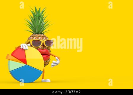 Fun Cartoon mode Hipster Cut Pineapple personne personnage Mascot avec Info Graphics Business graphique à secteurs sur un fond jaune. Rendu 3d Banque D'Images