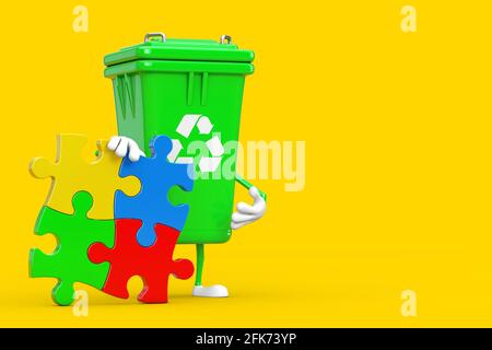 Panneau de recyclage poubelle verte poubelle personne personnage Mascot avec quatre morceaux de puzzle coloré Jigsaw sur un fond jaune. Rendu 3d Banque D'Images