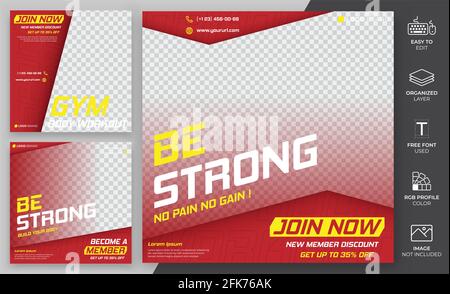 Définir le pack de promotion social Media Post Template Vector Design. Le modèle de poste Gym peut être utilisé pour le flux Instagram et le marketing Illustration de Vecteur